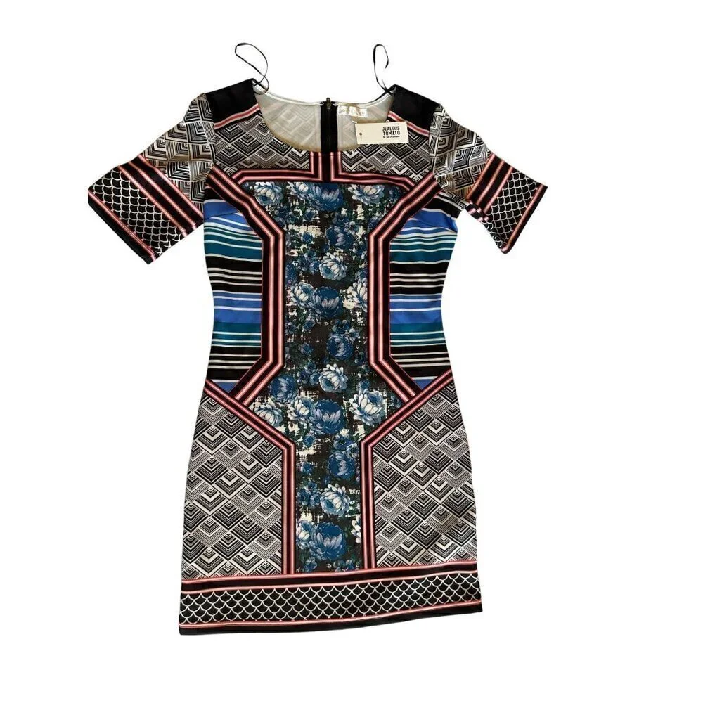 Jealous Tomato Women Dress SZ L Geometric Floral Print Short Sleeve Stretch NEW
